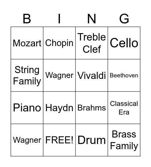 Orchestra and Composers Bingo Card
