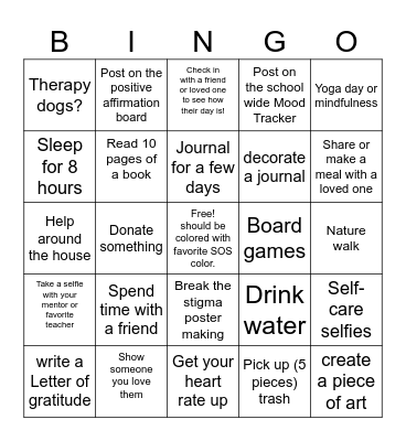 Mental Health Wellness Week Bingo Card