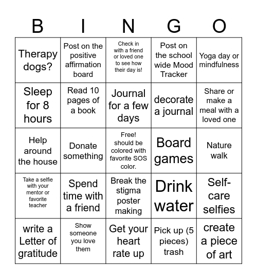 Mental Health Wellness Week Bingo Card
