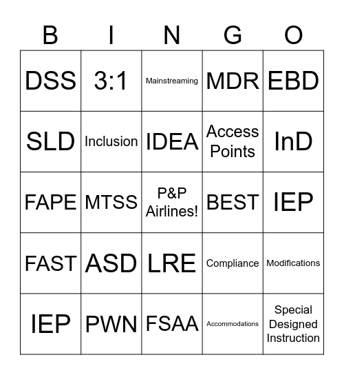 ESE Bingo Card