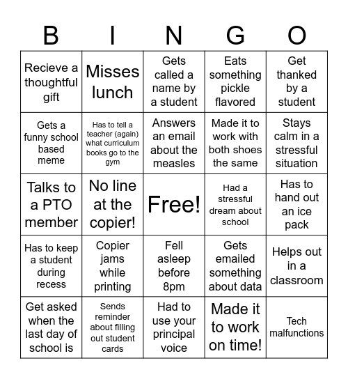 End of the Year Principal BINGO Card