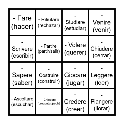 I verbi Bingo Card