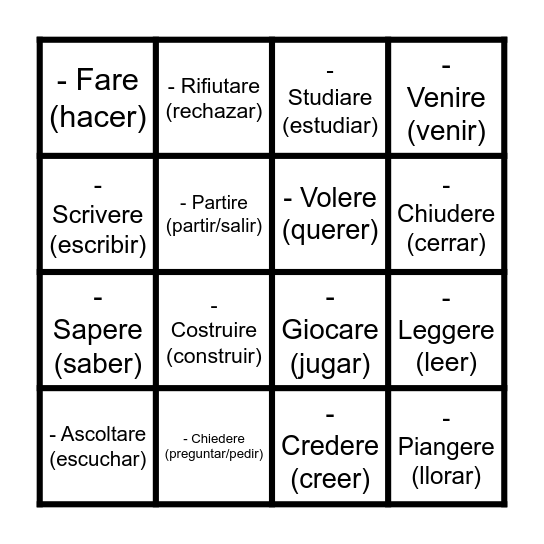 I verbi Bingo Card