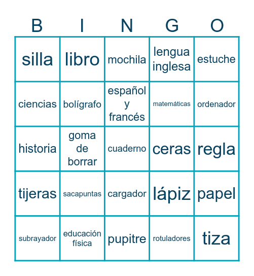 Los objetos del aula y las asignaturas Bingo Card