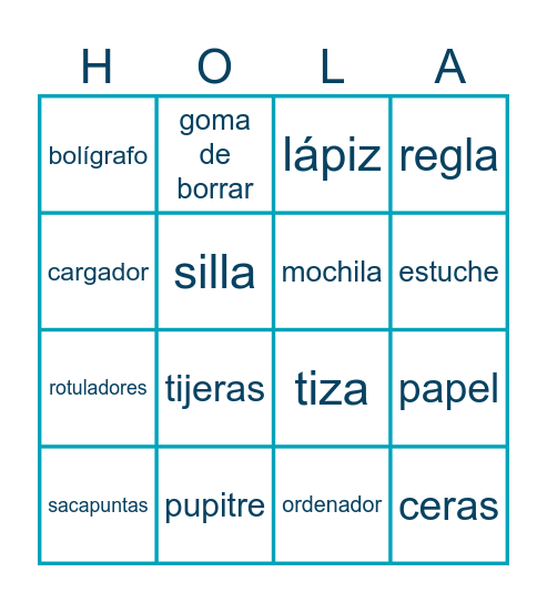 los objetos del aula Bingo Card