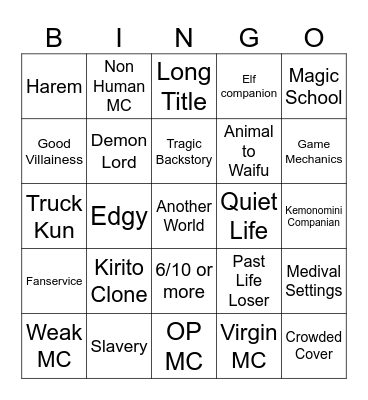 Good Isekai Anime Bingo Card