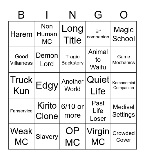 Good Isekai Anime Bingo Card