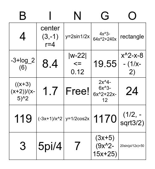 Math 3 EOC Review Bingo Card
