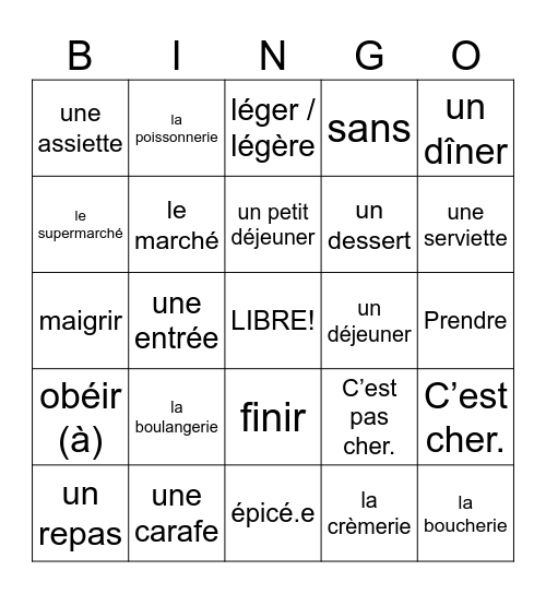 Vocabulaire: Unité 10 Bingo Card