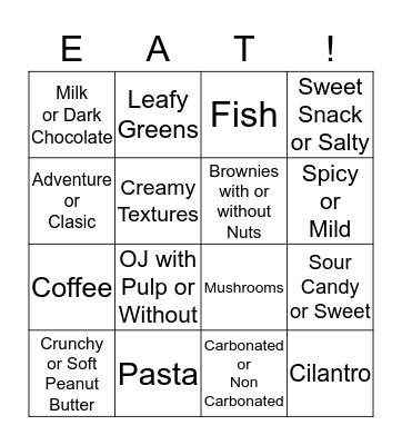 Food Choice Bingo Card