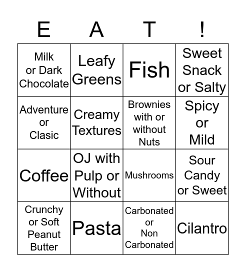 Food Choice Bingo Card