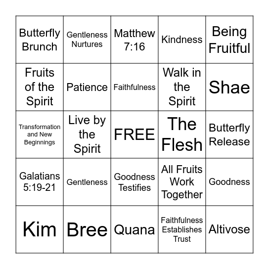 Fruits of the Spirit Bingo Card