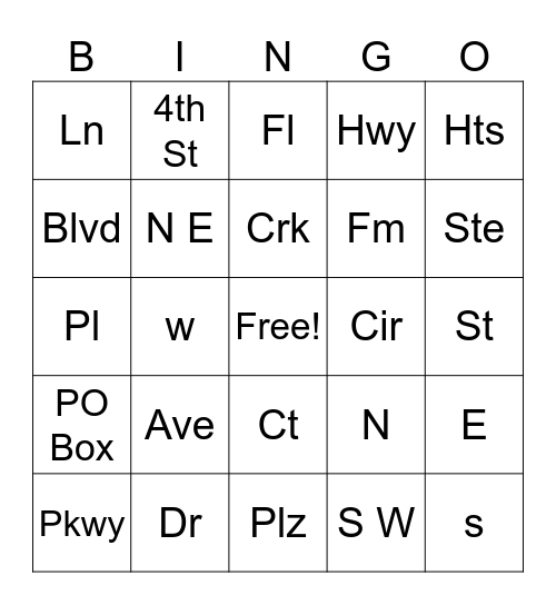 Street Abbreviations Bingo Card