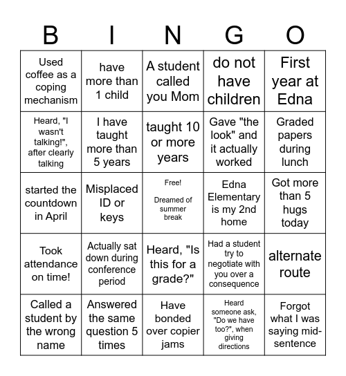Edna Elementary Teacher Appreciation Bingo Card