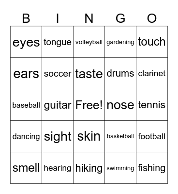 Five Senses, Instruments, Sports, Hobbies Bingo Card