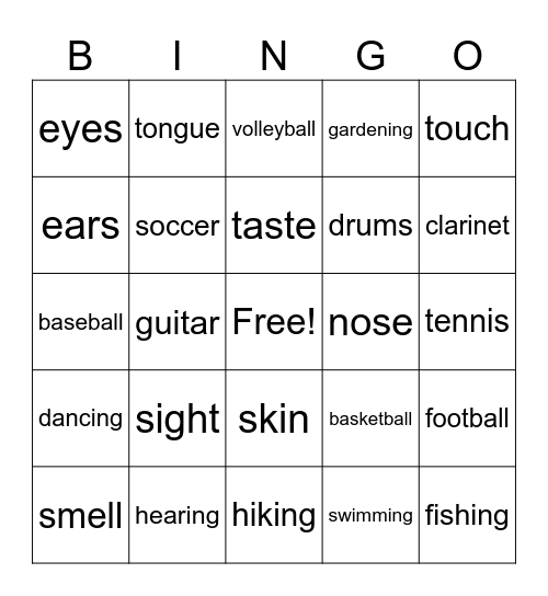 Five Senses, Instruments, Sports, Hobbies Bingo Card
