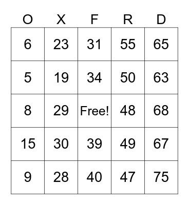 Oxford House Bingo-Mania Bingo Card