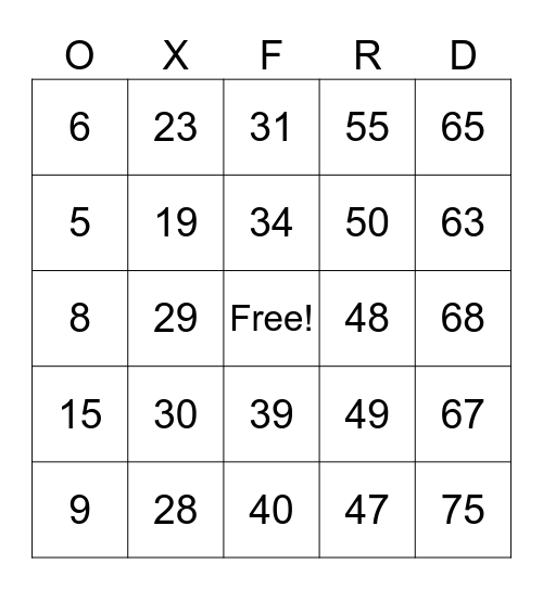 Oxford House Bingo-Mania Bingo Card