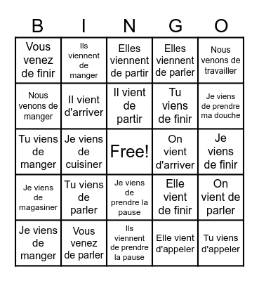 Passé récent avec VENIR Bingo Card