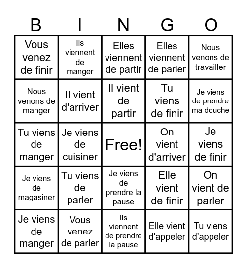Passé récent avec VENIR Bingo Card