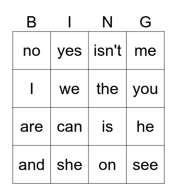 Sight Words Bingo Card