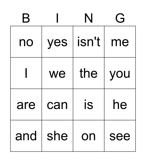 Sight Words Bingo Card