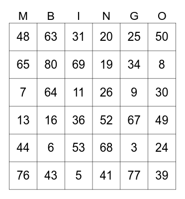 Number Bingo Card