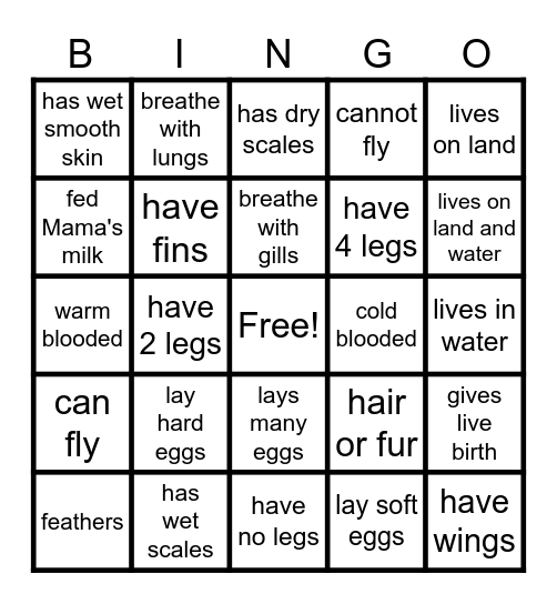 Vertebrate Bingo Card