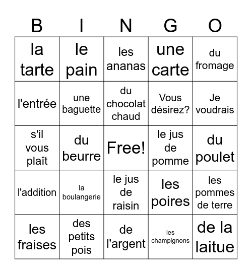 La Nourriture / les Aliments / Le Restaurant Bingo Card