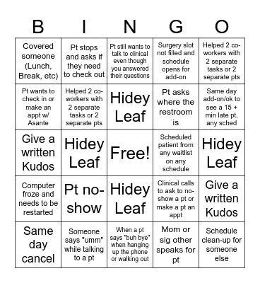 Front Office Bingo Card