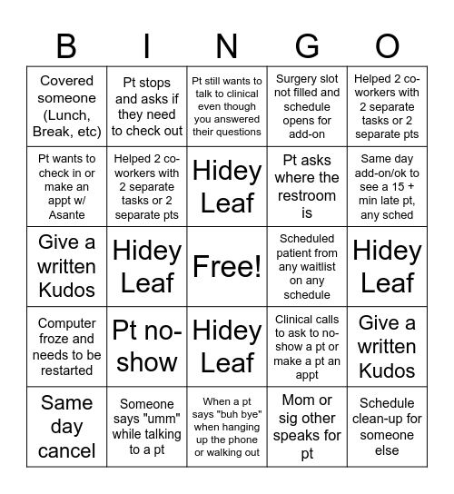 Front Office Bingo Card