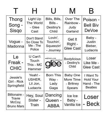 Songs Featured on GLEE Bingo Card