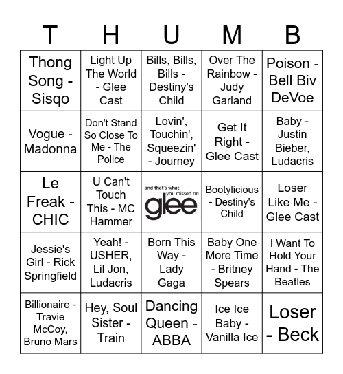 Songs Featured on GLEE Bingo Card