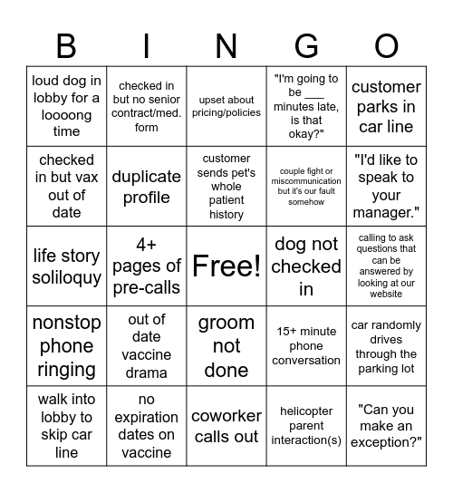 FOH Bingo Card