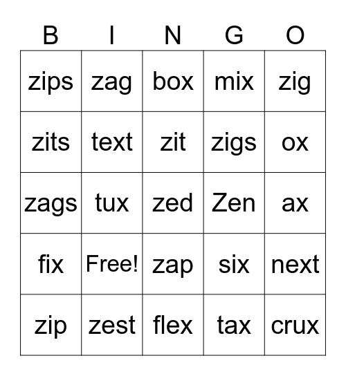 X, Z Words Bingo Card