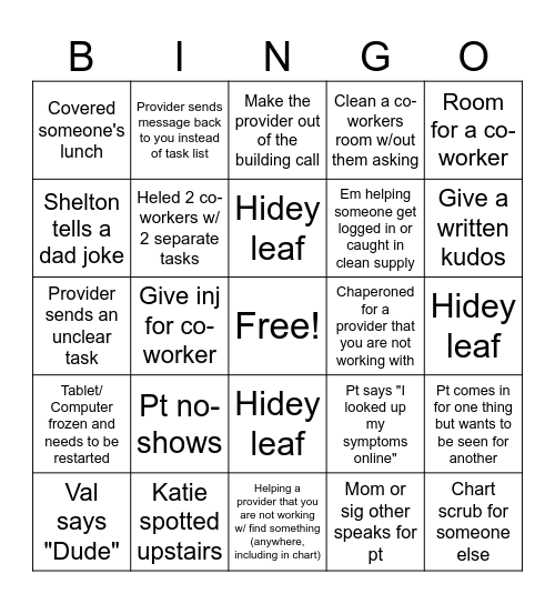 Clinical Bingo Card