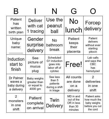 CMC Labor and Delivery Bingo Card