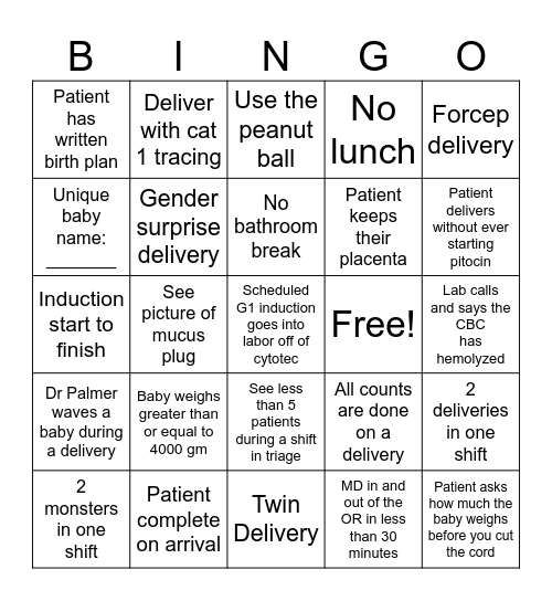 CMC Labor and Delivery Bingo Card
