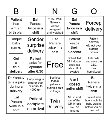 CMC Labor and Delivery Bingo Card