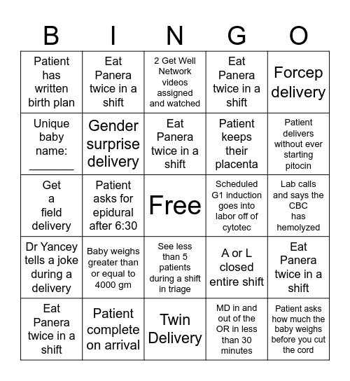 CMC Labor and Delivery Bingo Card