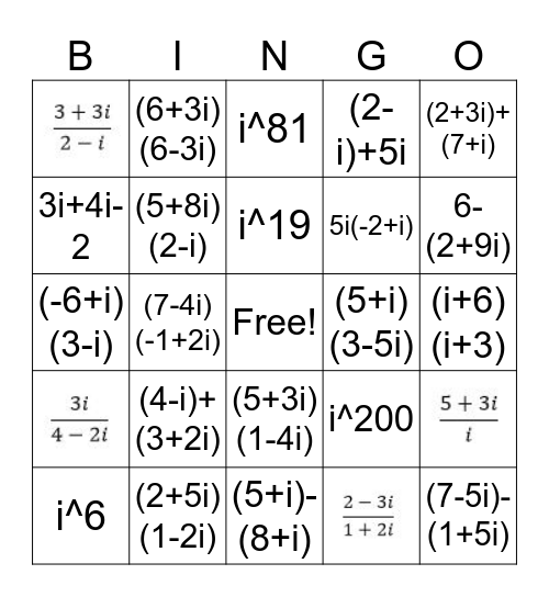 Complex Number Bingo Card