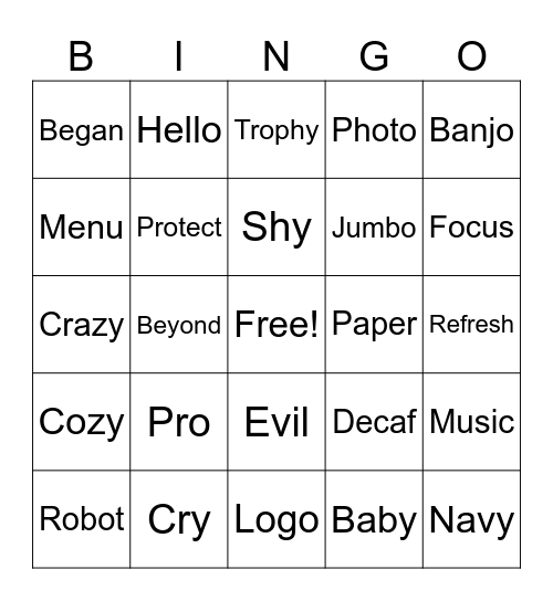 Open Syllable words 1-2 syllables Bingo Card