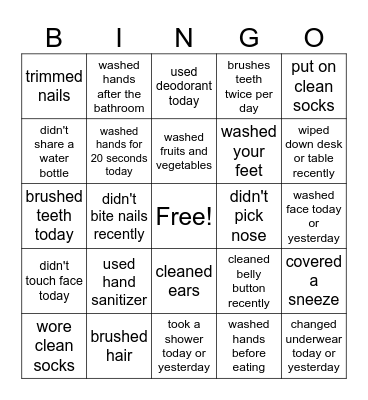 Hygiene Bingo Card