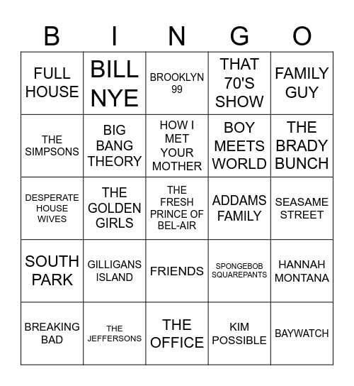 TV Theme Songs Bingo Card