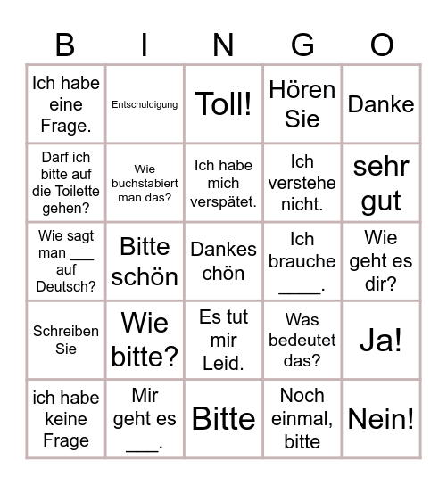 Ausdrücke im Klassenzimmer Bingo Card