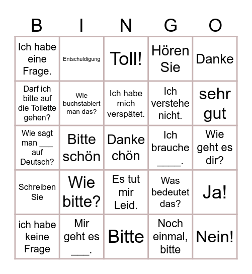 Ausdrücke im Klassenzimmer Bingo Card