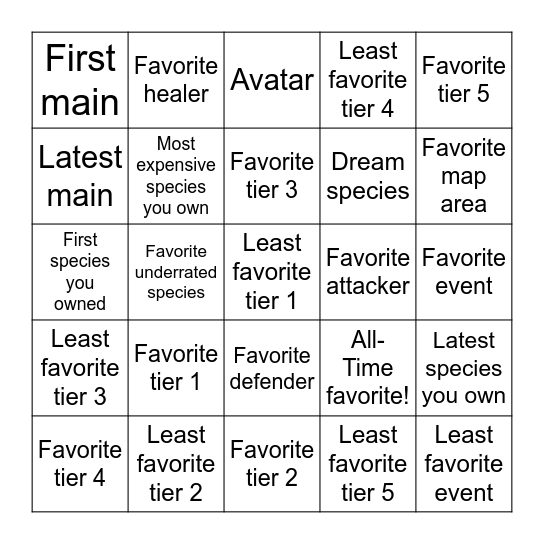 COS favorites and least favorites Bingo Card