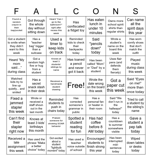FALCON TEACHER BINGO Card