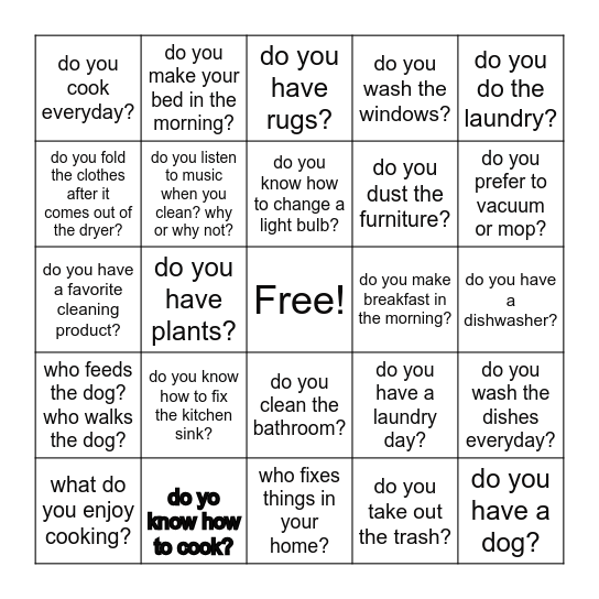 Conversation Questions Bingo Card