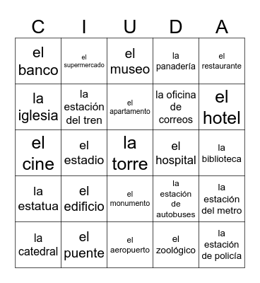 Lugares en la ciudad Bingo Card